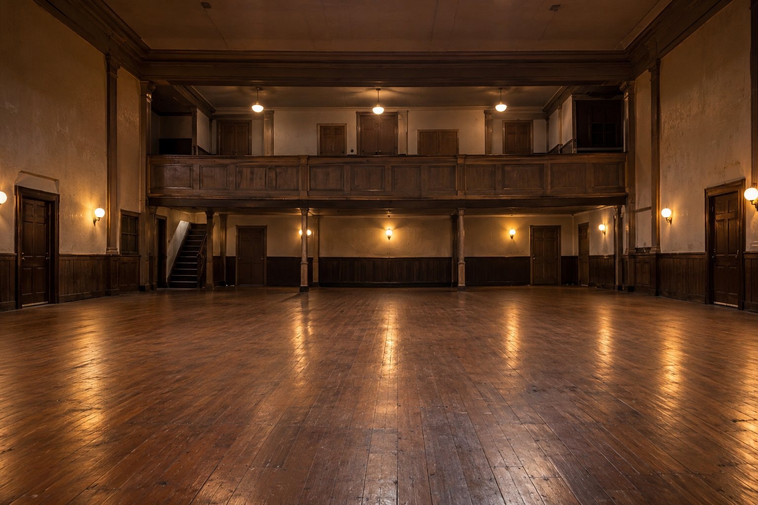 An empty ballroom with a wooden floor and a balcony under low lights