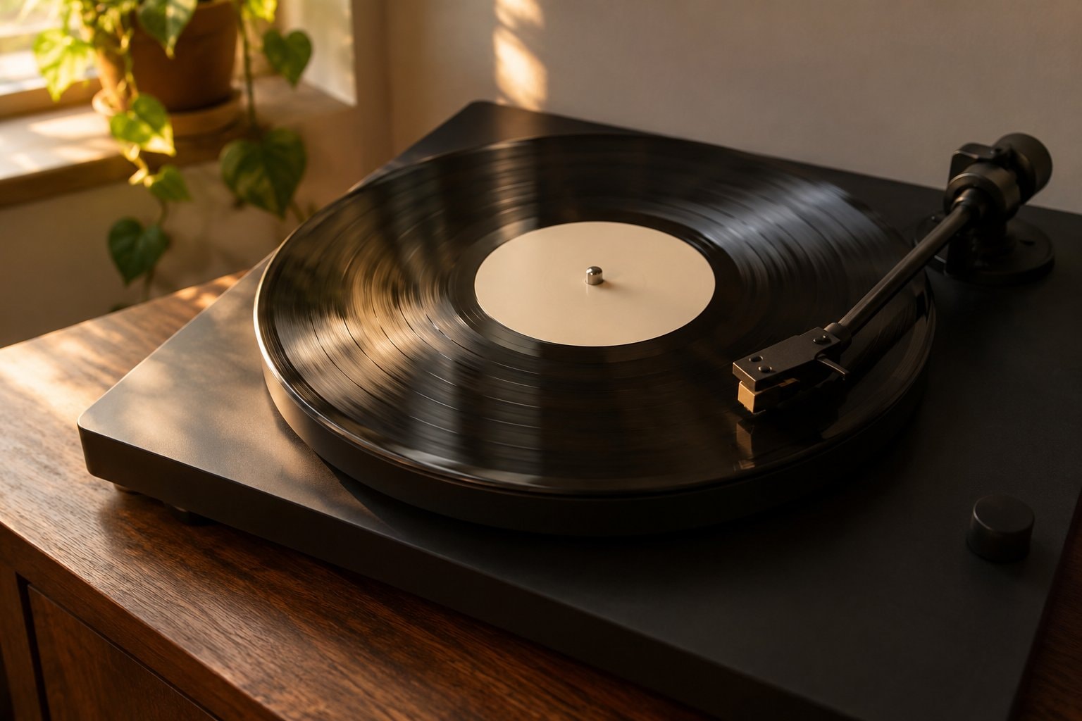 A spinning vinyl record with a blank label on a turntable