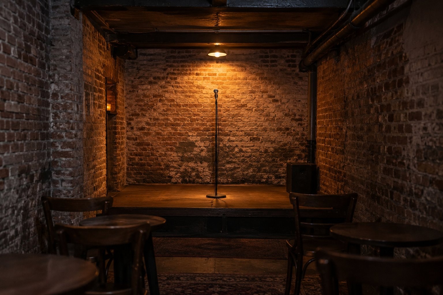 A microphone stand on a small stage in a narrow brick basement room