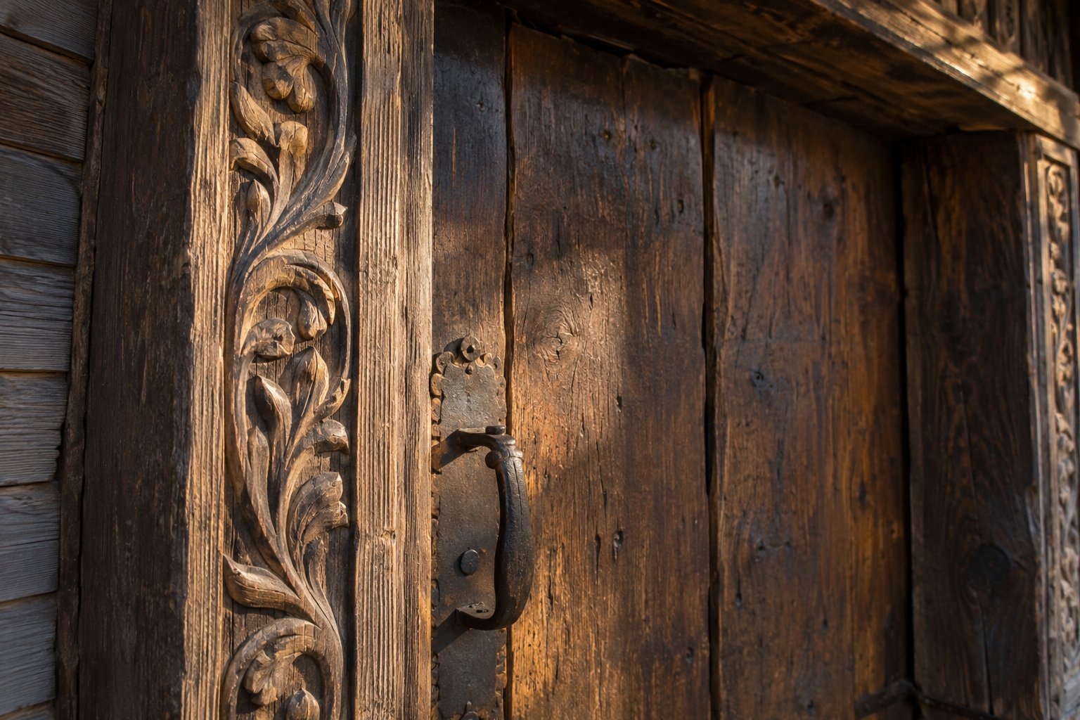 A weathered wooden doorway with carved floral trim