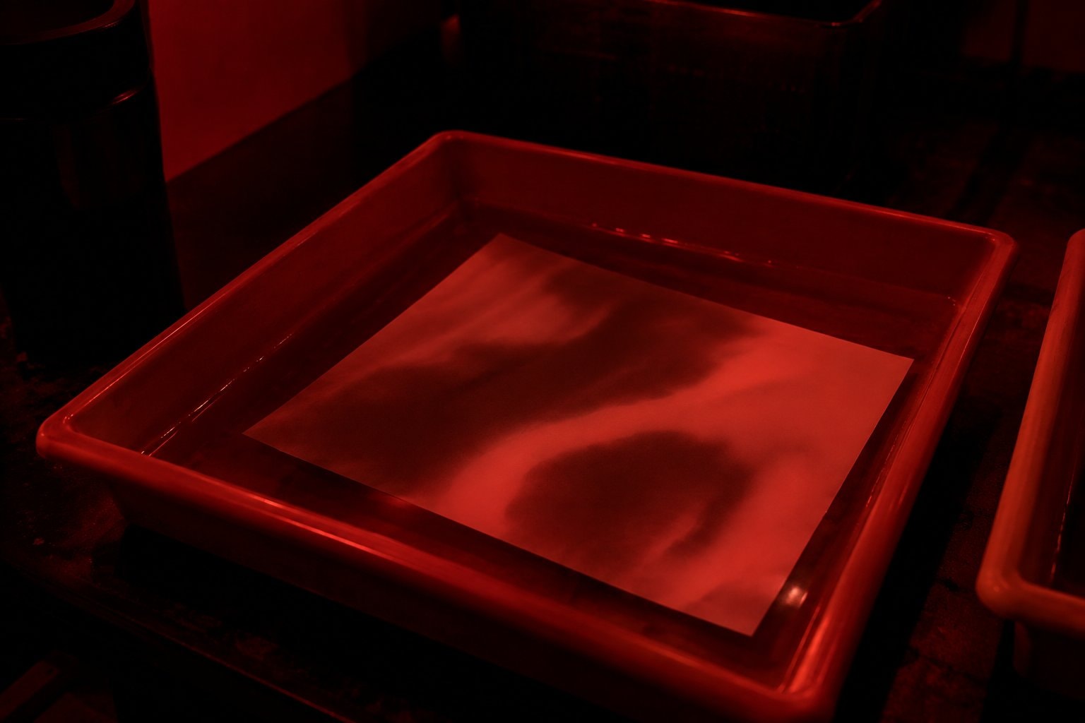 A darkroom tray with an abstract print under a red safelight