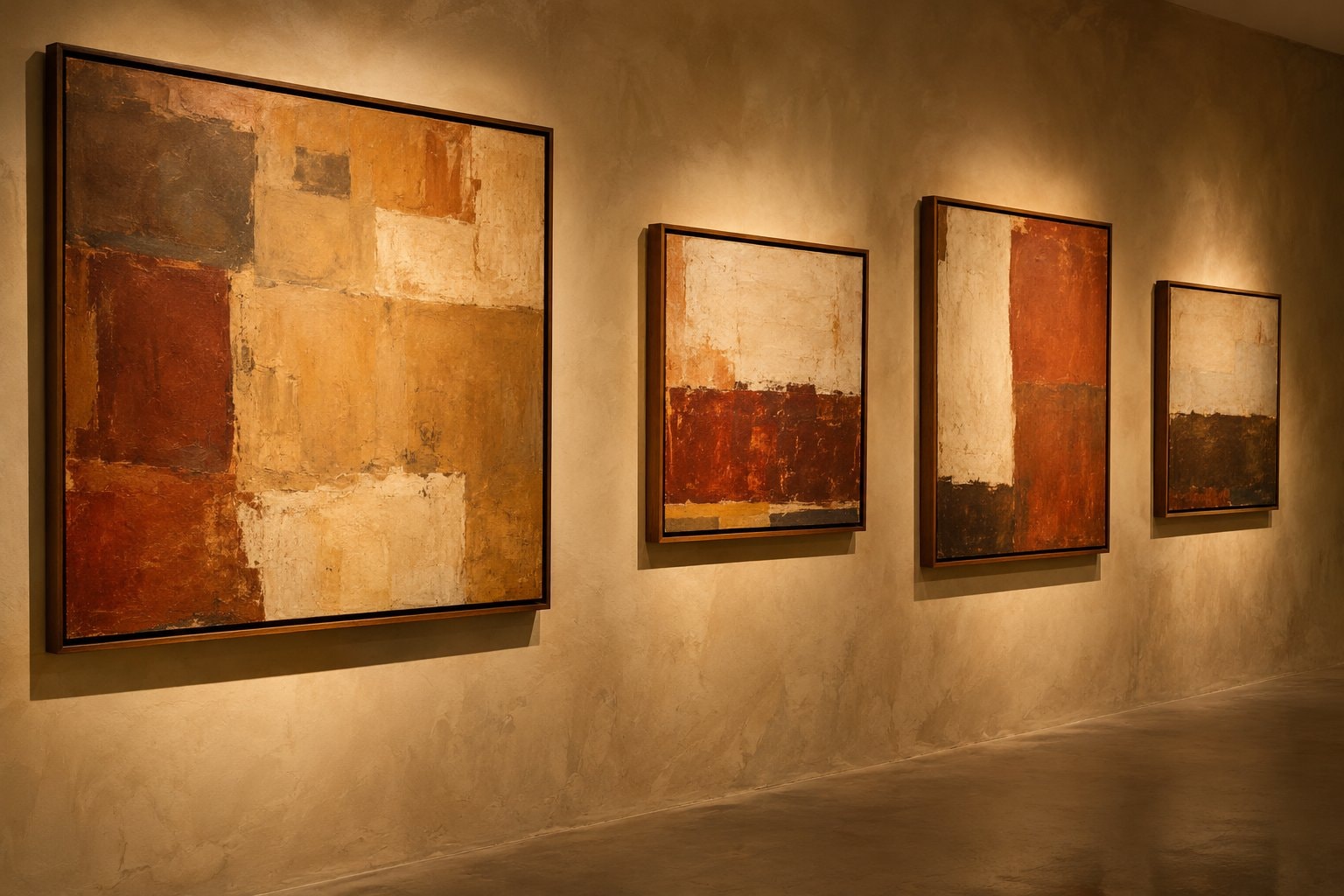 Framed abstract paintings on a warmly lit gallery wall