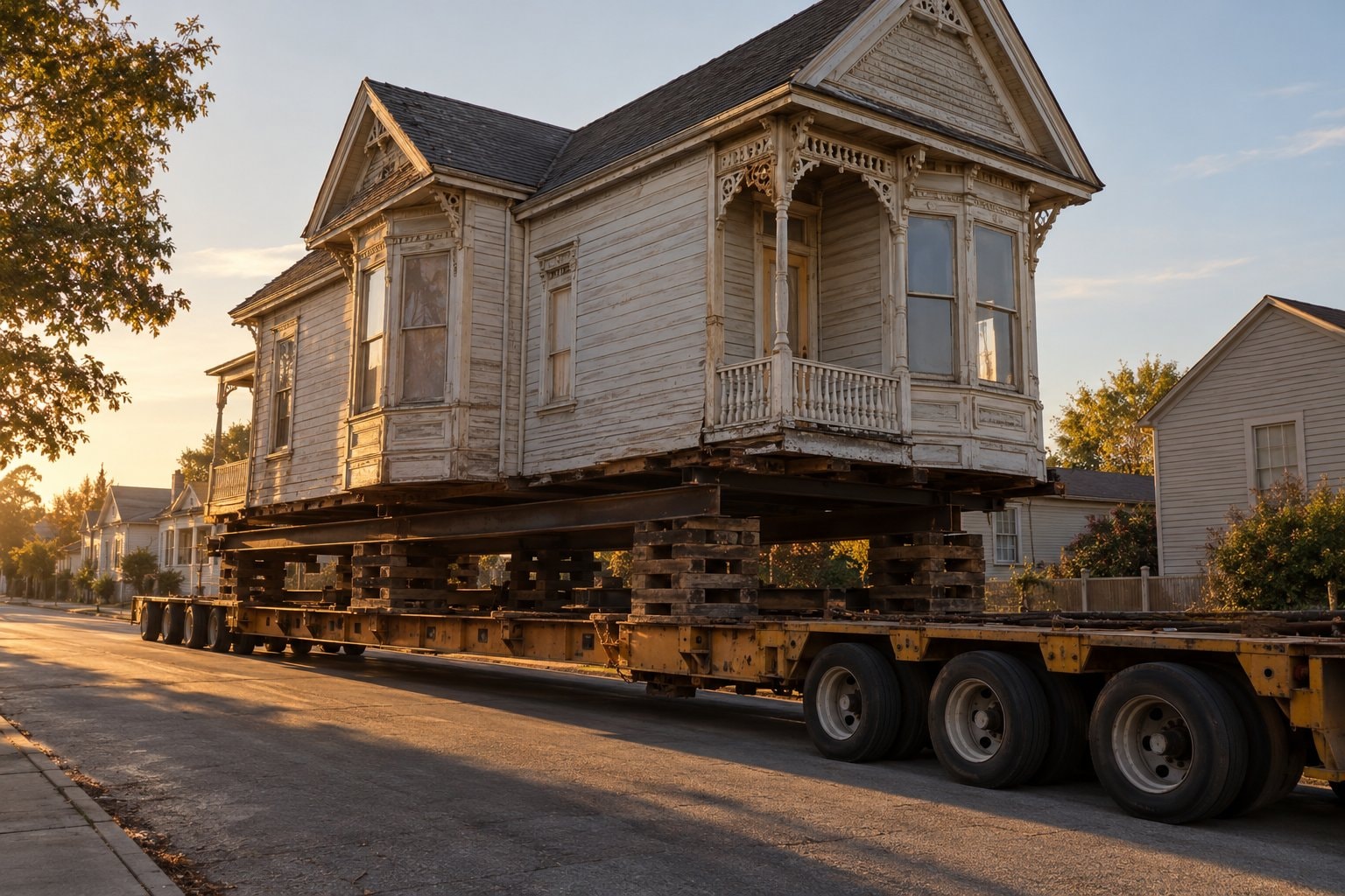 A wooden Victorian house supported by timber cribbing on a flatbed