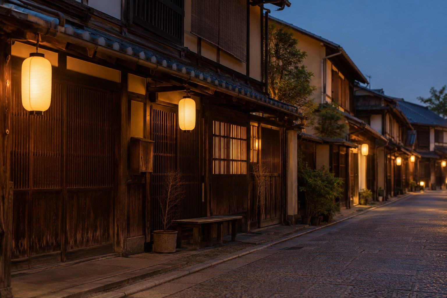 Paper lanterns hanging above quiet wooden shopfronts