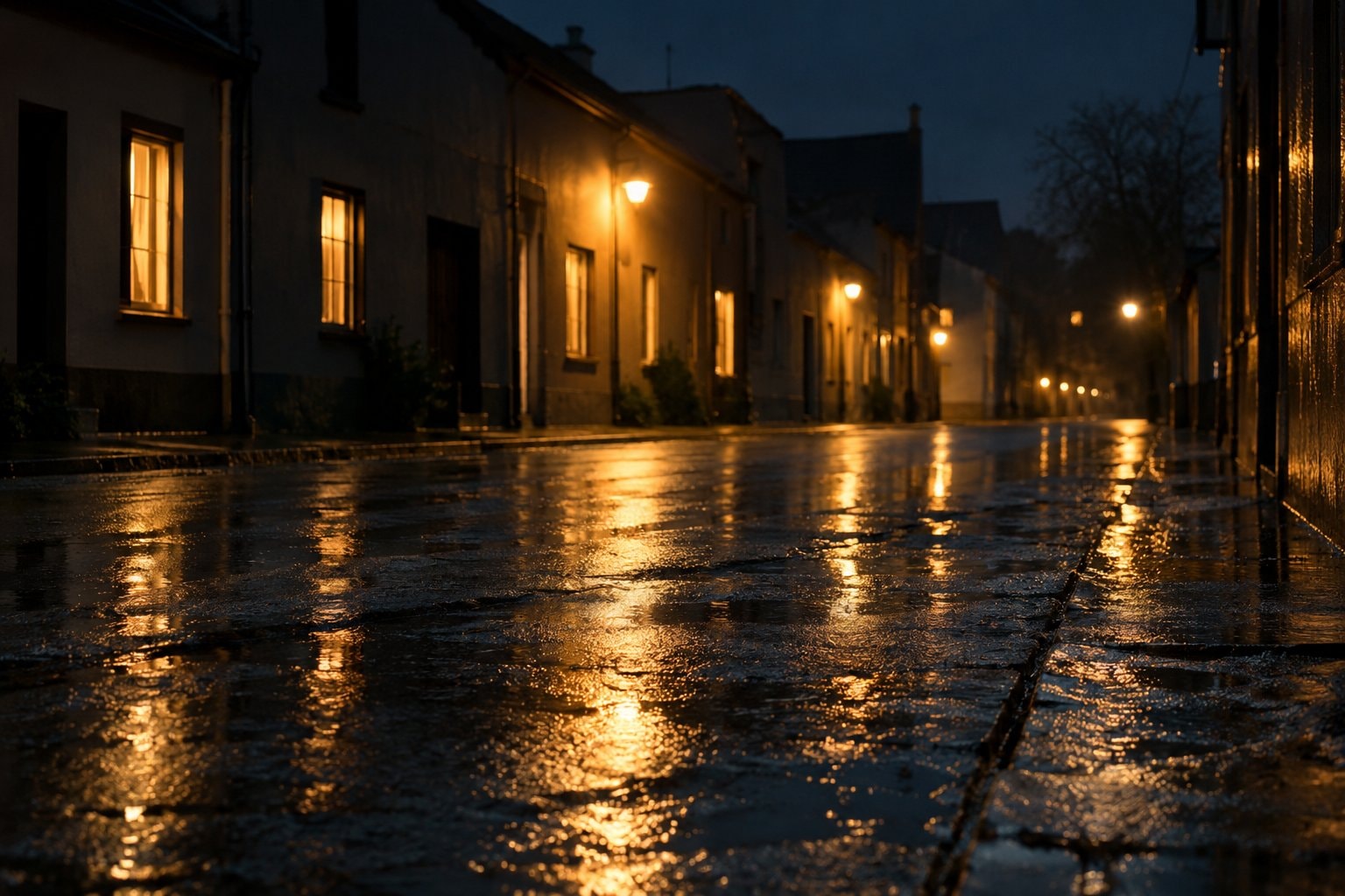 A rain-wet city street at night reflecting warm window light