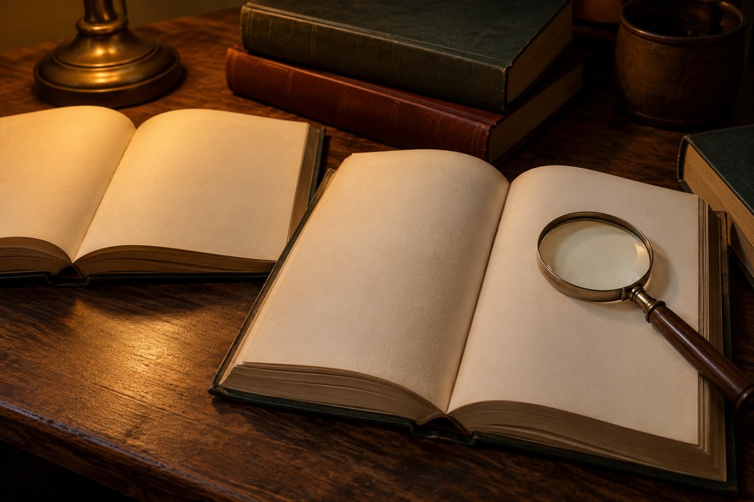 Open blank books and a magnifier on a wooden reading table
