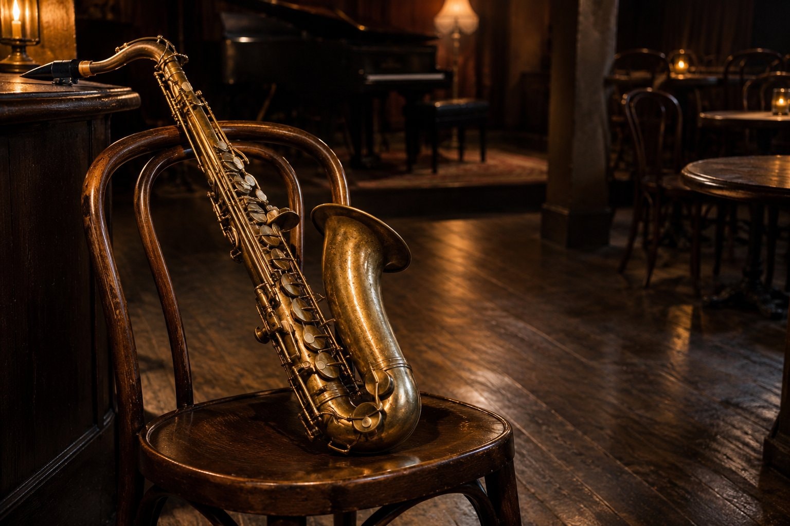 A tenor saxophone resting on a bentwood chair in a dim empty club