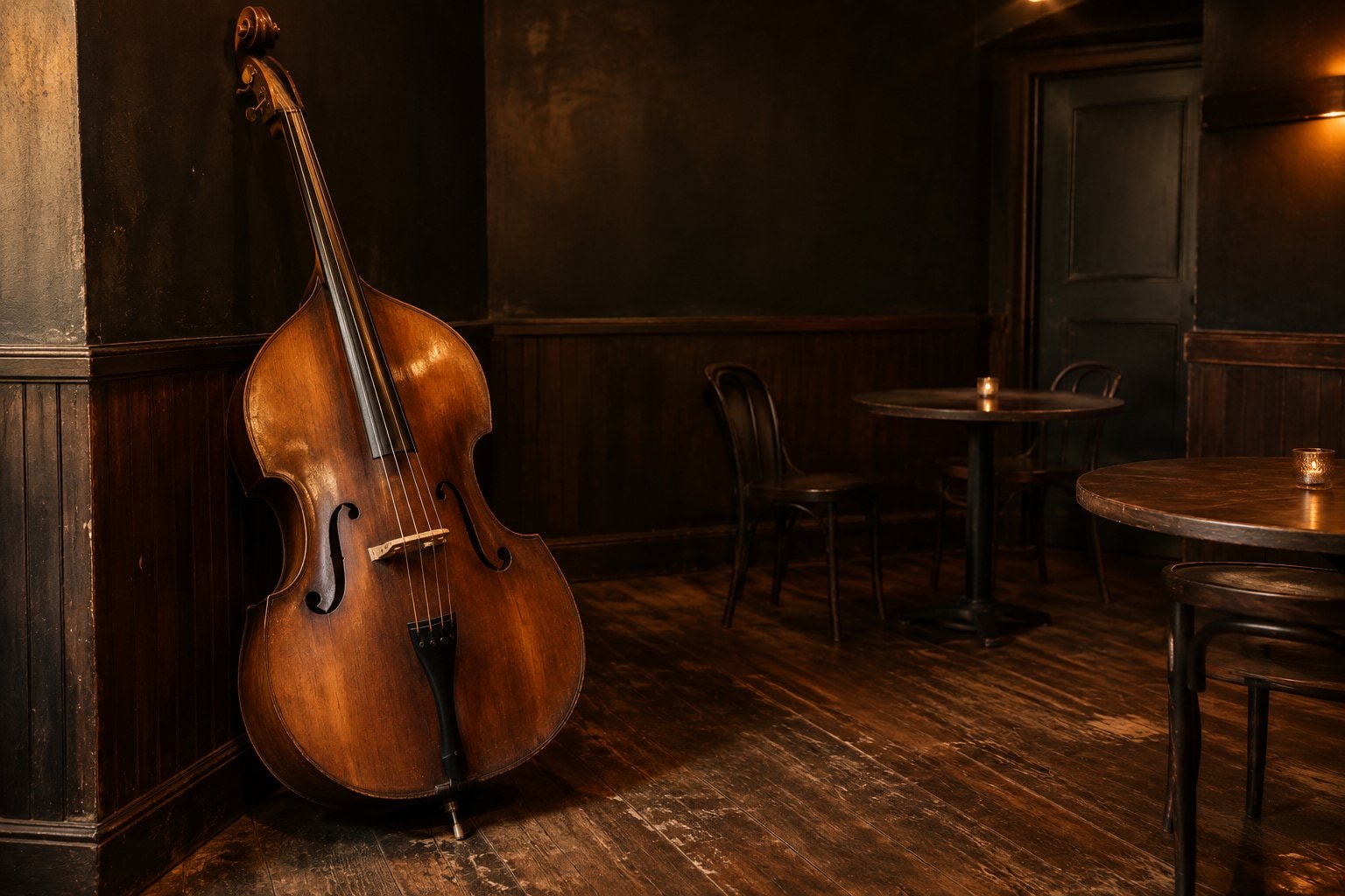 An upright bass in a dim back room beside small round tables