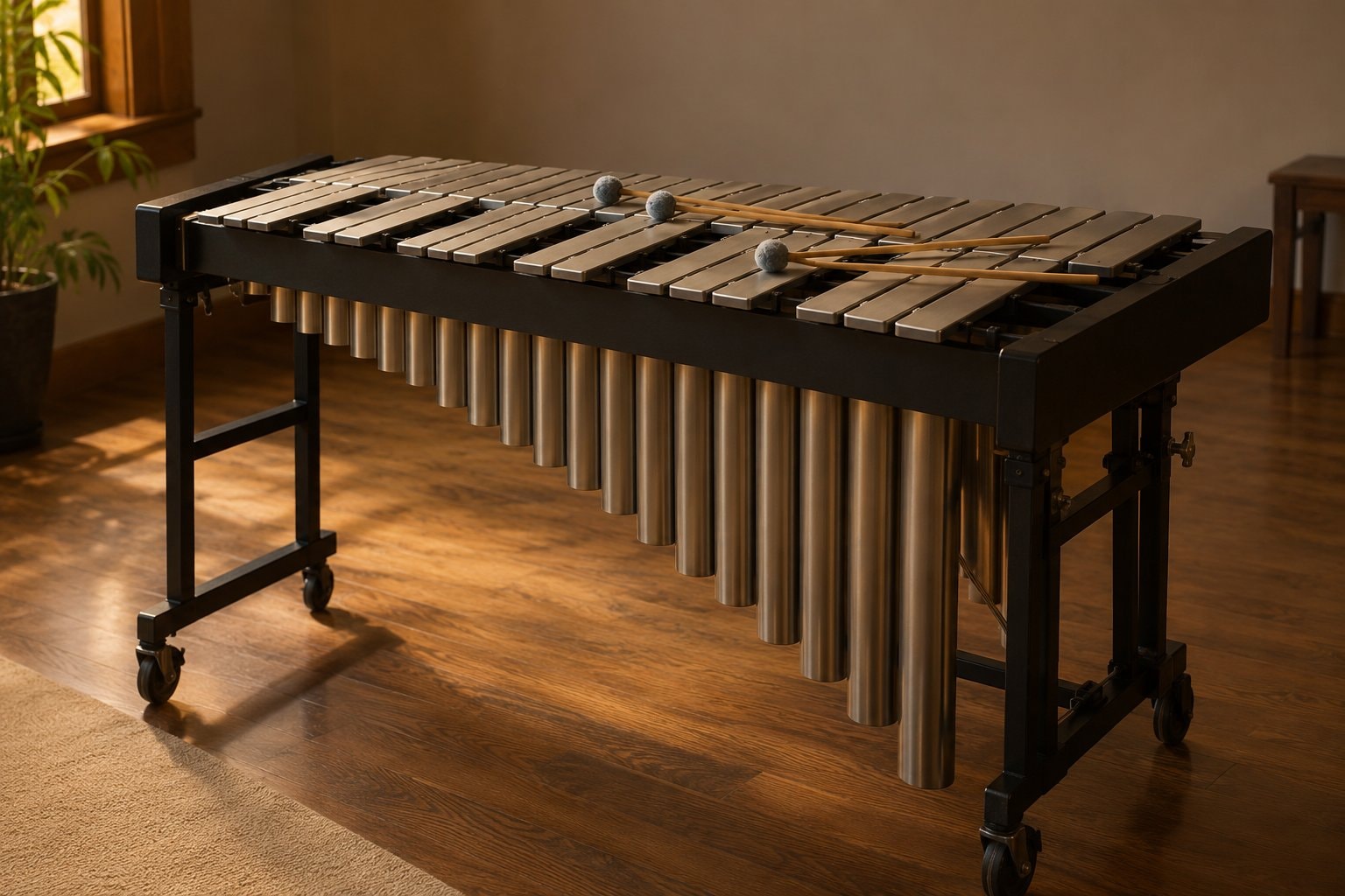 Mallets resting on the metal bars of a vibraphone