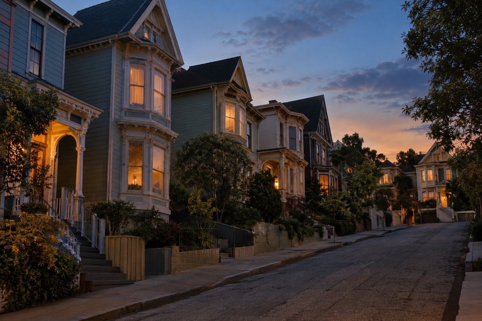 Ornate Victorian houses along a hilly street at dusk